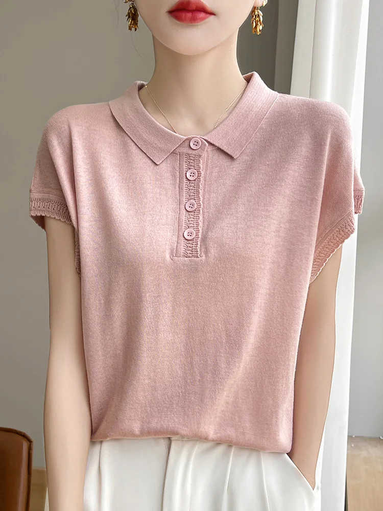 Letnia damska koszulka z dzianiny z jedwabiu lodowego, luźna, modna, w stylu koreańskim, codzienna, wygodna w noszeniu.