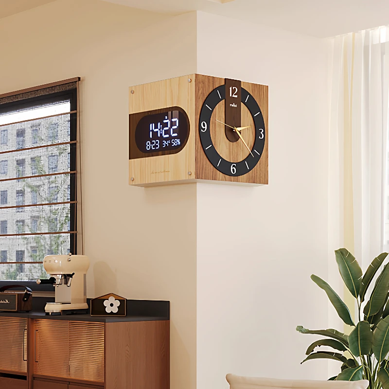 Mid-Century Modern Corner Clock with Perpetual Calendar Dual Display Digital Wall Clock Vintage Angle Timepiece for Living Room view 2