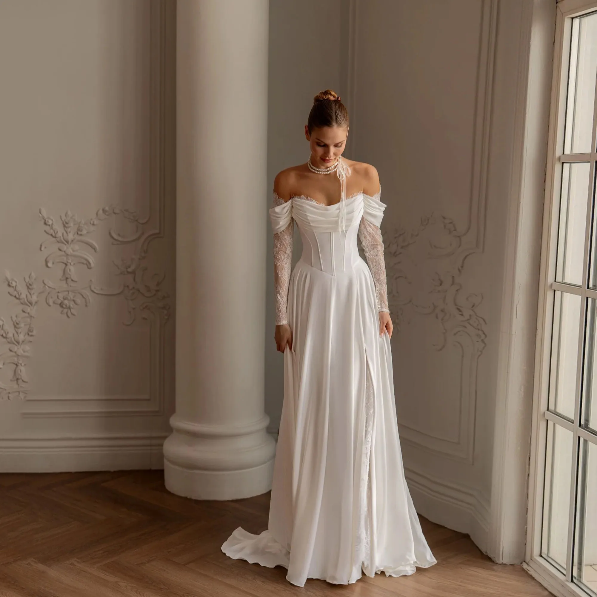MCDV Vintage Civil Chiffon Schulterfreies Hochzeitskleid mit langen Spitzenärmeln, A-Linie, Brautkleid, maßgeschneidert, schlichtes Hochzeitskleid