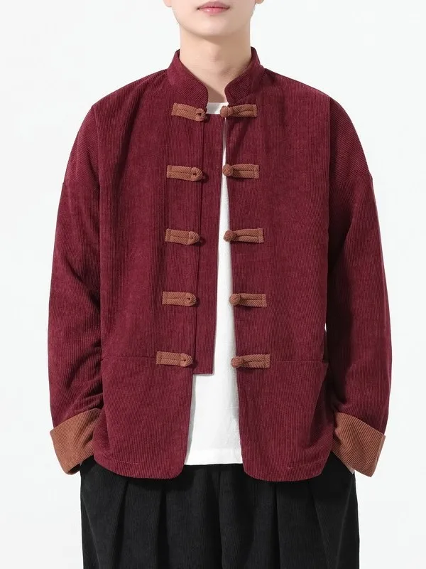 

Мужское вельветовое пальто большого размера с китайской пуговицей, весенне-осенняя повседневная модная верхняя одежда Busin Gentleman