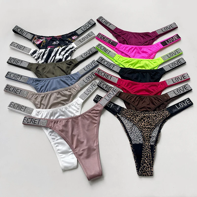 Sexy Women Pantie Crystal Rhinestone Underwear Fitness Gym Thongs Low Rise Fashion Tanga for Female Push Up Lingerie With Letter