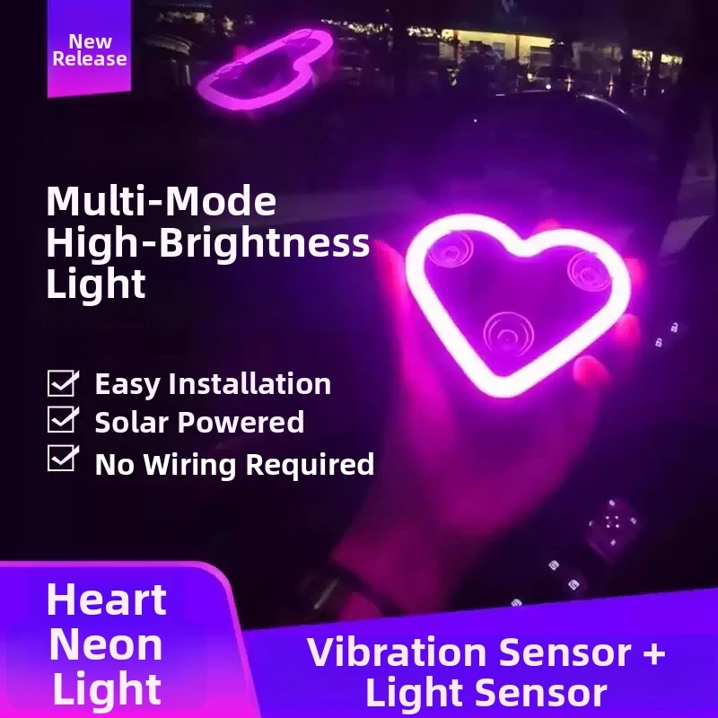 

Solar Powered Car Neon Light Wireless Cute Heart Shaped Led Ambient Light Suction Cup USB Rechargeable Atmosphere Breathing Lamp