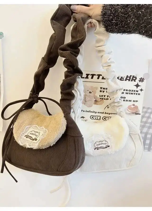 Bloom Haruku Corduroy Brown Shoulder Y2k Female Sweet Cute Casual Handbag Women Autumn Winter Plush Crossbody Bag 2025