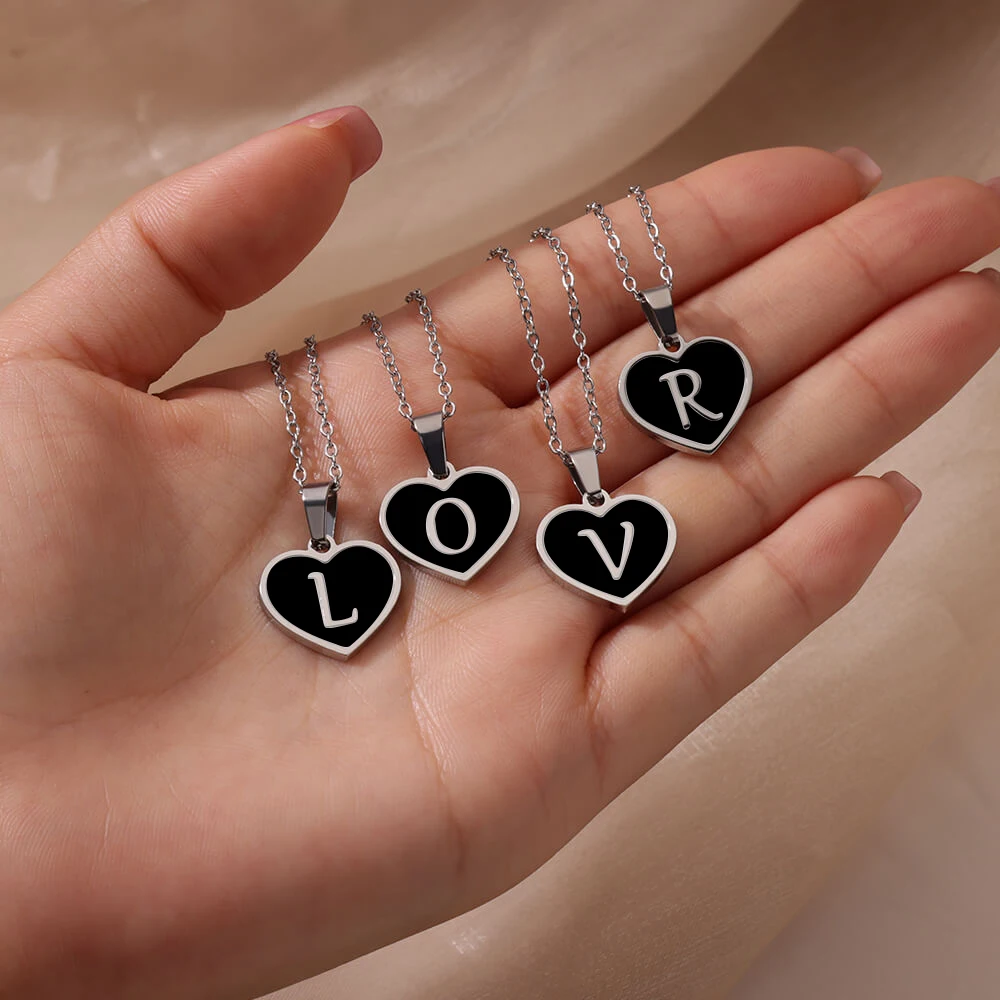 Stainless Steel Initial Letter Black Heart Necklaces Women Gothic Name Pendant Charm Necklace Wedding Jewelry Anniversary Gifts