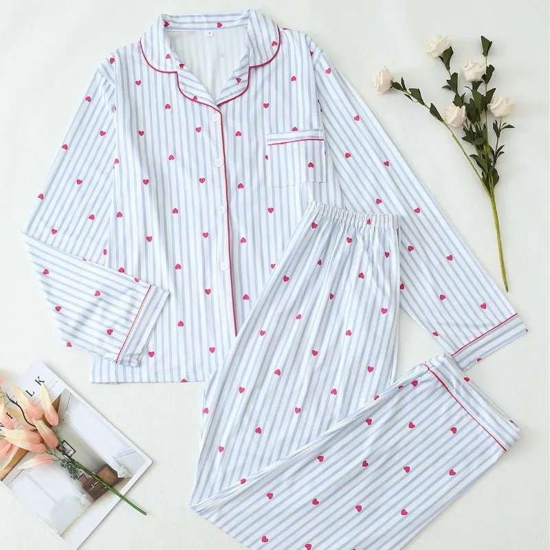 

HEZIOWYUN Women’s 2 Piece Christmas Pajama Set Long Sleeve Stripes Print Button Up Lapel Shirt + Elastic Waist Pants Loungewear