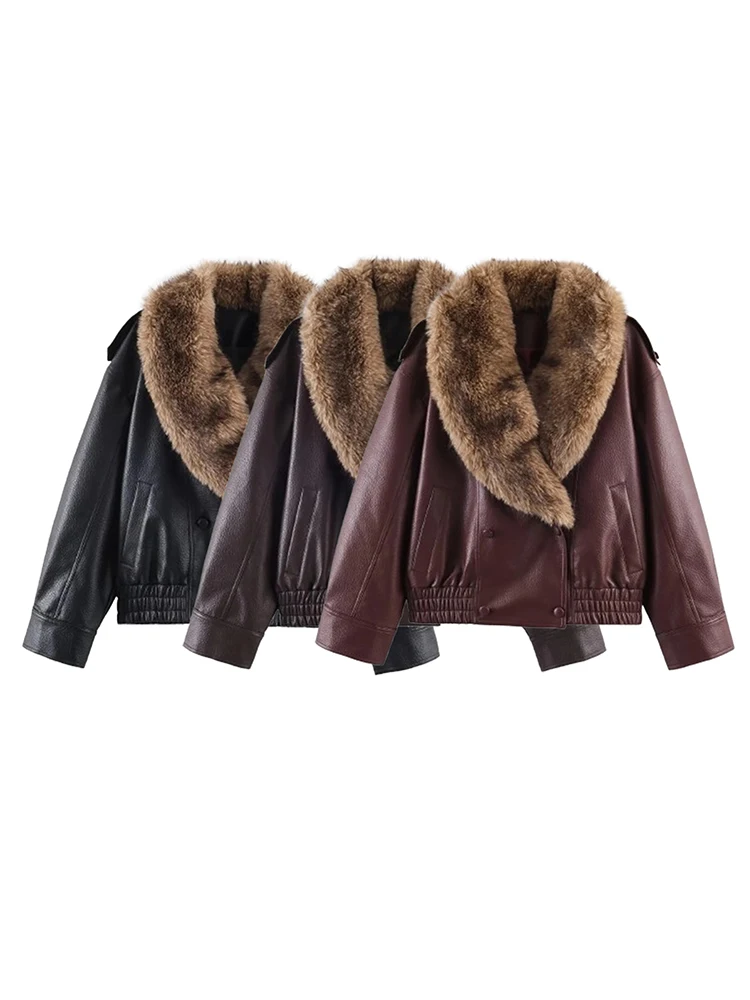 المرأة الجديدة خريف شتاء بولي Leather سترة جلدية فو الفراء التلبيب سترة فضفاضة معطف المرأة موضة خمر الشارع الشهير سترة للسيدات