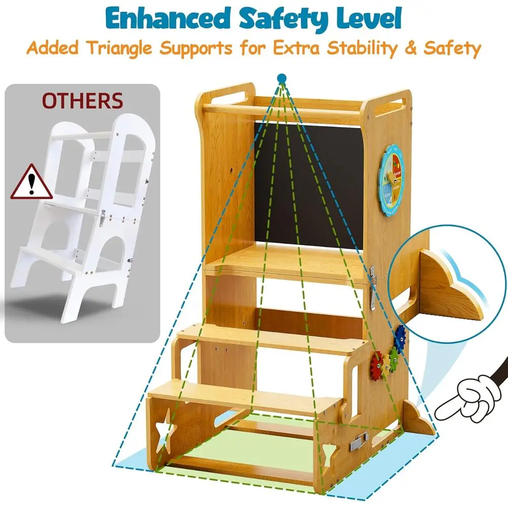 Aiutante da cucina pieghevole per bambini ad altezza regolabile, converte al tavolo e sullo scaffale, incoraggia l'autufficienza nei lavori quotidiani