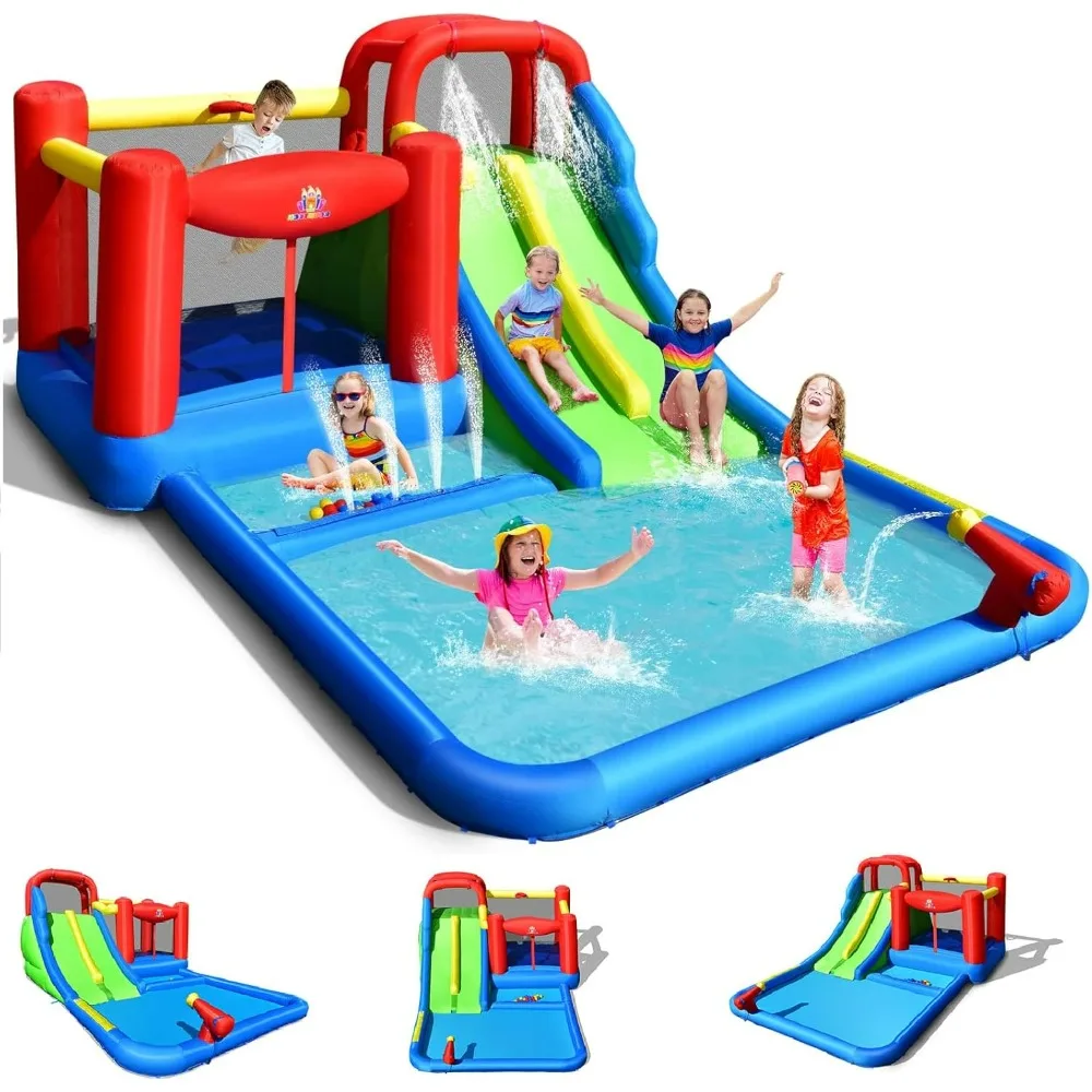 

Inflatable Water Slide, Mega Water House with 2 Slide & Ball Pit Wet Dry for Kids Outdoor Backyard Fun with Splash Pool