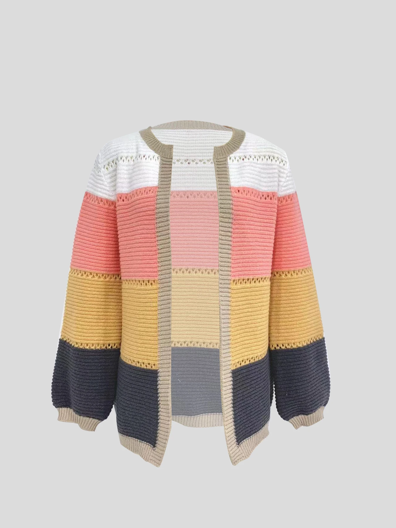 Color blocking cardigan sweater temperament color matching loose knit sweater women\'s long sleeved loose sweater cardigan jacket