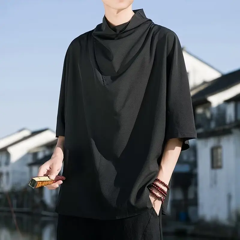 2026 Summer New Dark Ice Silk High Collar Seven-point Medium and Short-sleeved T-shirt Men