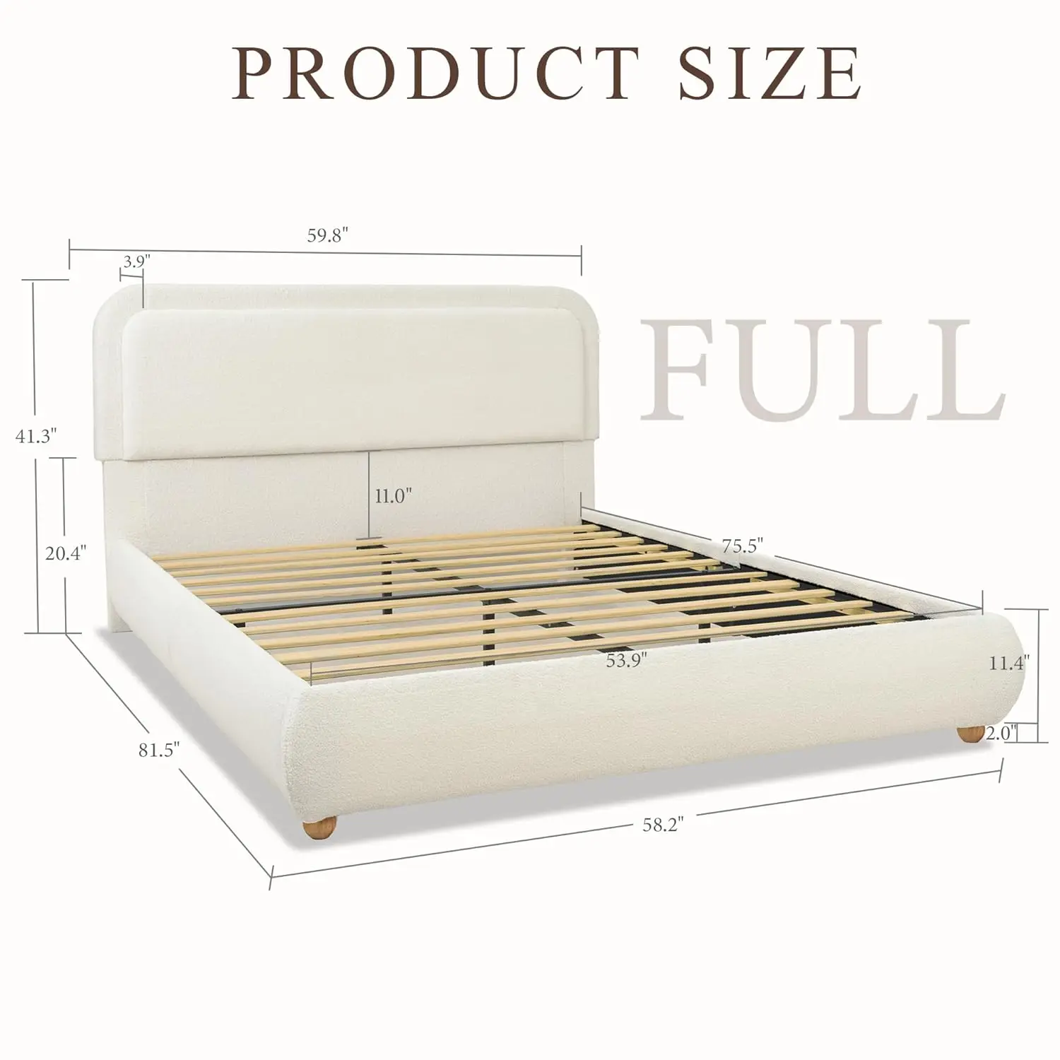 Full Size Upholstered Bed Frame Boucle Rounded Headboard Solid Wood Legs Boho Easy Assembly No Box Spring Needed, Customized image 2