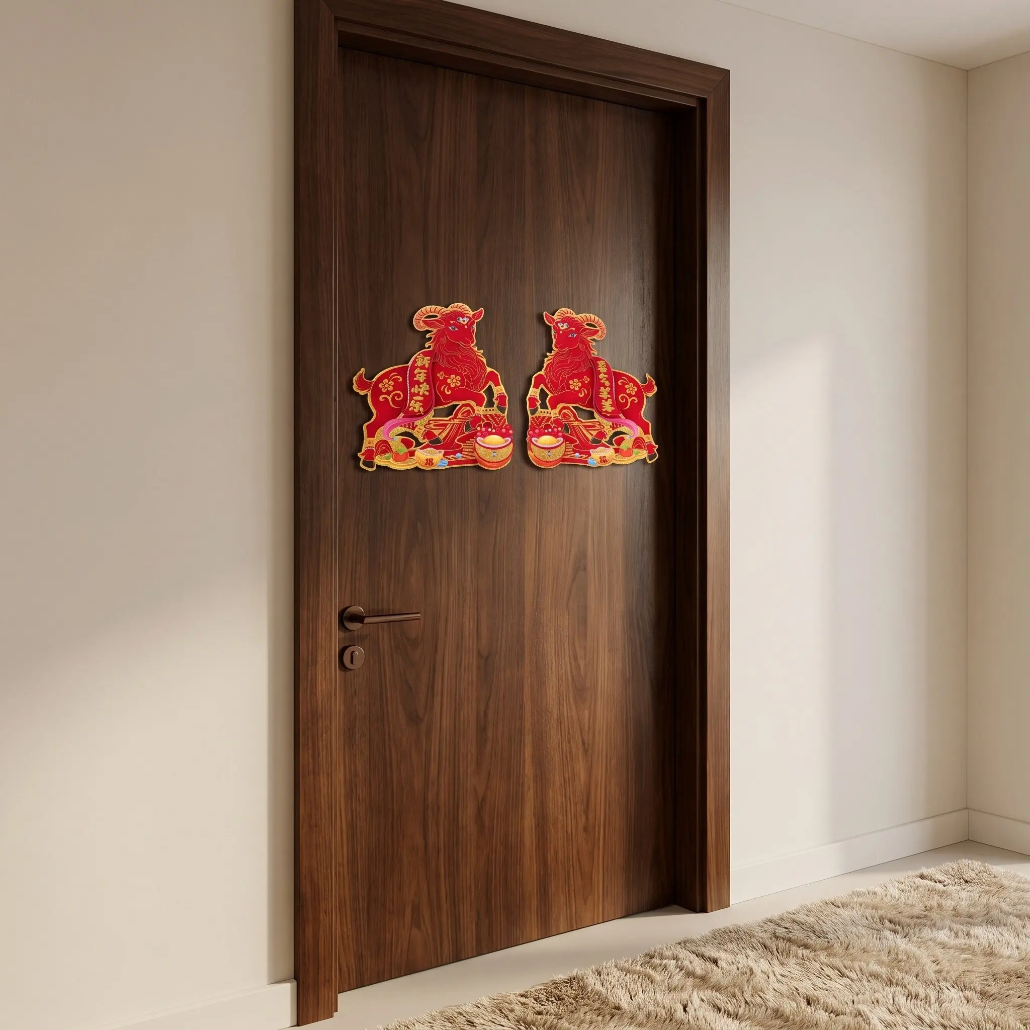 1Pair 2027 Lunar New Year Door Stickers Flocked Zodiac Sheep Couplets Chinese Festival Door Decoration Festive Wall Decal