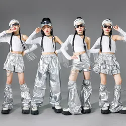 Girls K-pop Tassels Crop Top Street Dance Shorts Kids Hip Hop Jazz Silver Pants Skirts Clothes Sets Children Streetwear Costumes