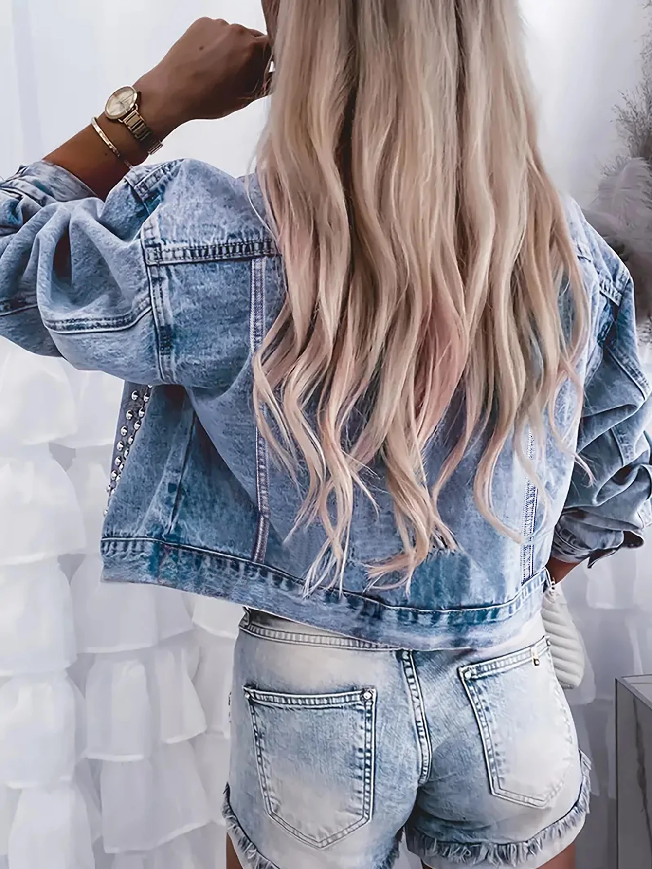 Womens Classic Denim Jacket with Rhinestone Embellishments Long Sleeve Button Front Collar Regular Fit