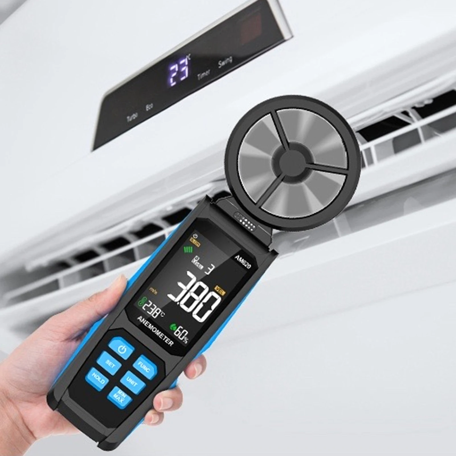 AM620 Handheld Wind Meter Featuring LCD Display with Automatic Backlighting and Clear Readability in Indoor and Outdoor Settings