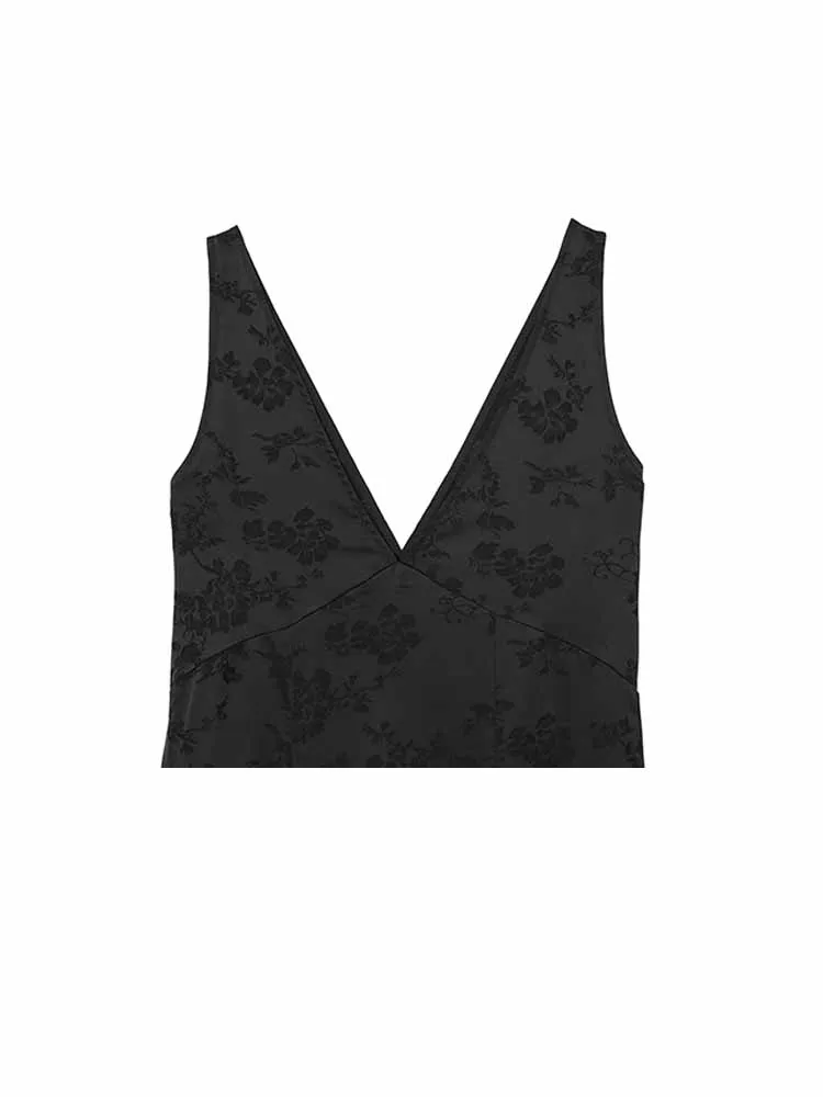 Sukienka midi damska letnia bez rękawów z dekoltem w serek, seksownym odkrytymi plecami, żakardową dekoracją, uniwersalna sukienka damska w jednolitym kolorze.