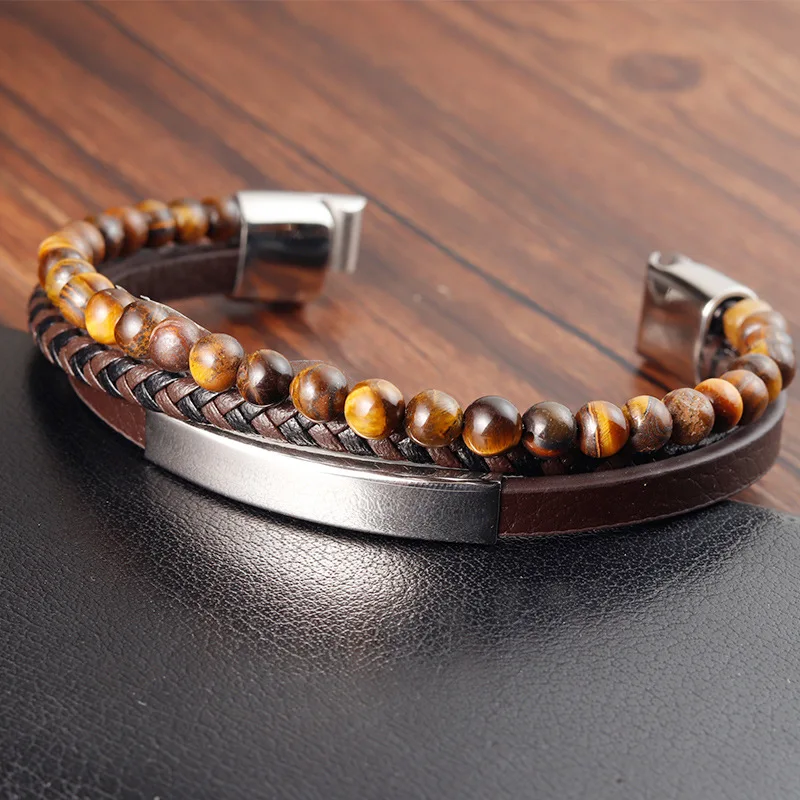 

Fashion Men's Double Layer Stainless Steel Black Buckle Bracelet Braided Leather Tiger Eye Handmade Beaded Bracelet Jewelry