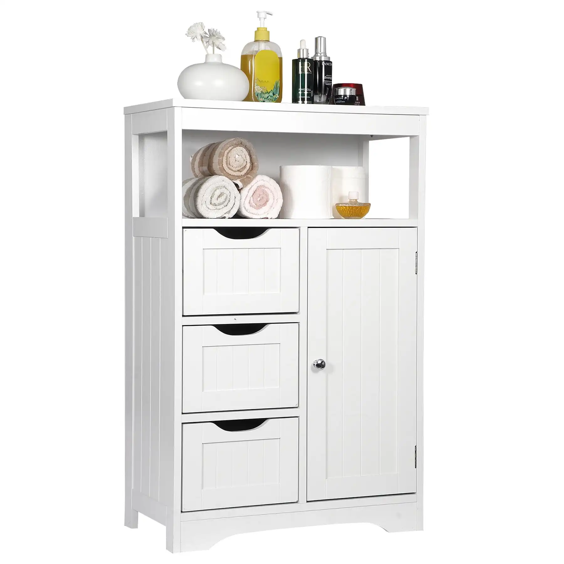 

Bathroom Floor Cabinet, Free Standing Storage Cabinet with 3 Drawers and Adjustable Shelf, Modern Cupboard for Home Living