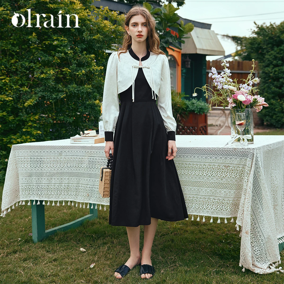 

OLrain Elegant Dress Sets For Women 2025 Autumn Short Print Puff Sleeve Outerwear Basic Black Long Dress Office Lady O24CE89990