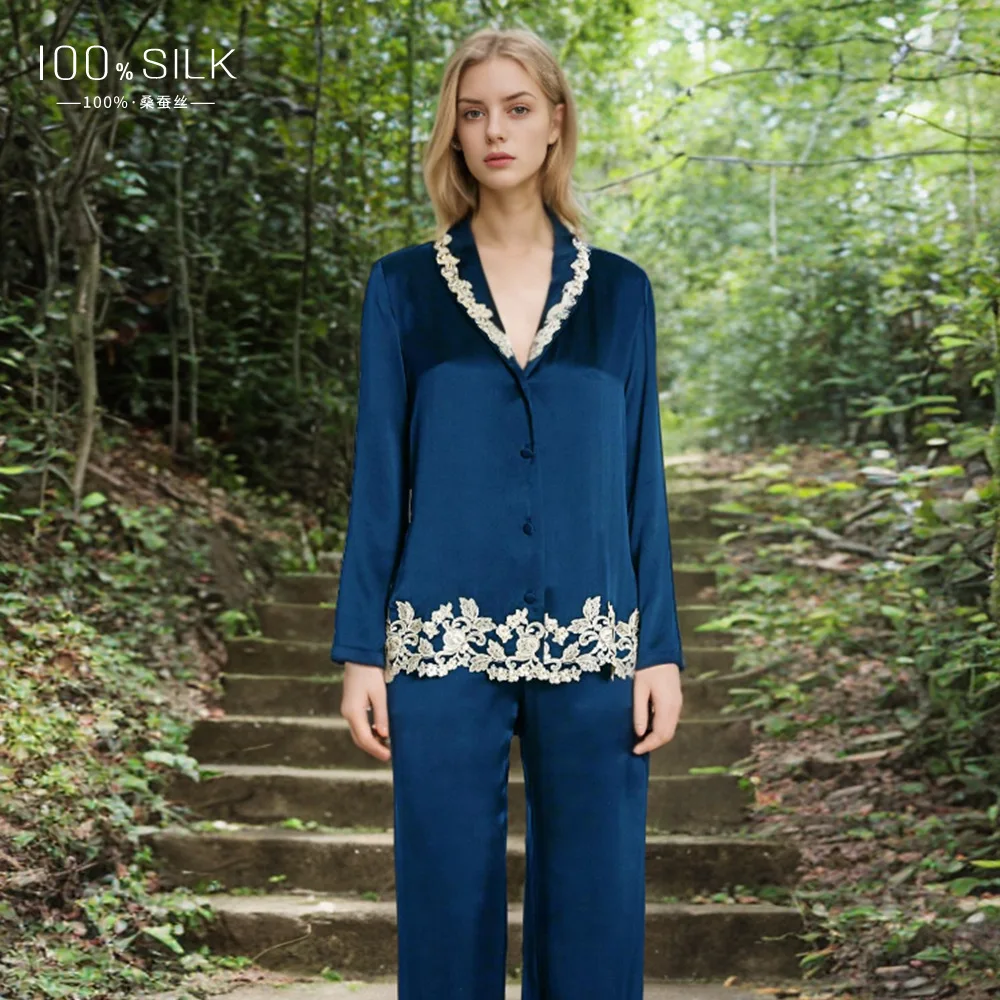 High Quality 19momme Heavy Real Silk Pajamas Women's Long-Sleeve Suit 6A Grade 100% Home Wear Two-Piece Set Wholesale