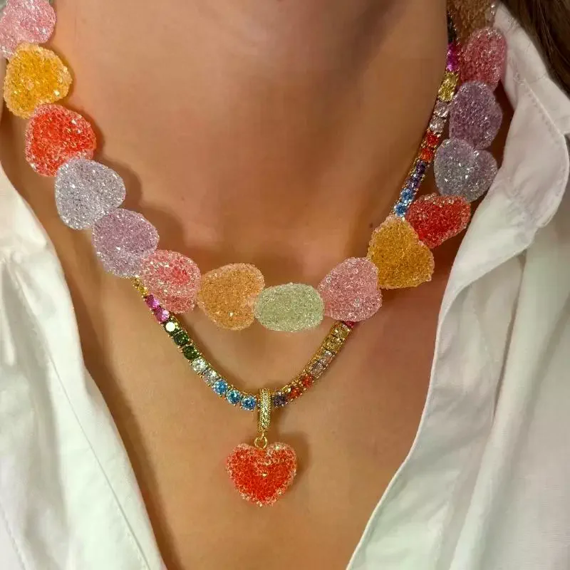Sweet Gummy Resin Candy Charms Stack Jewelry Choker Necklace New Colorful Jelly Heart Necklaces For Women Gifts