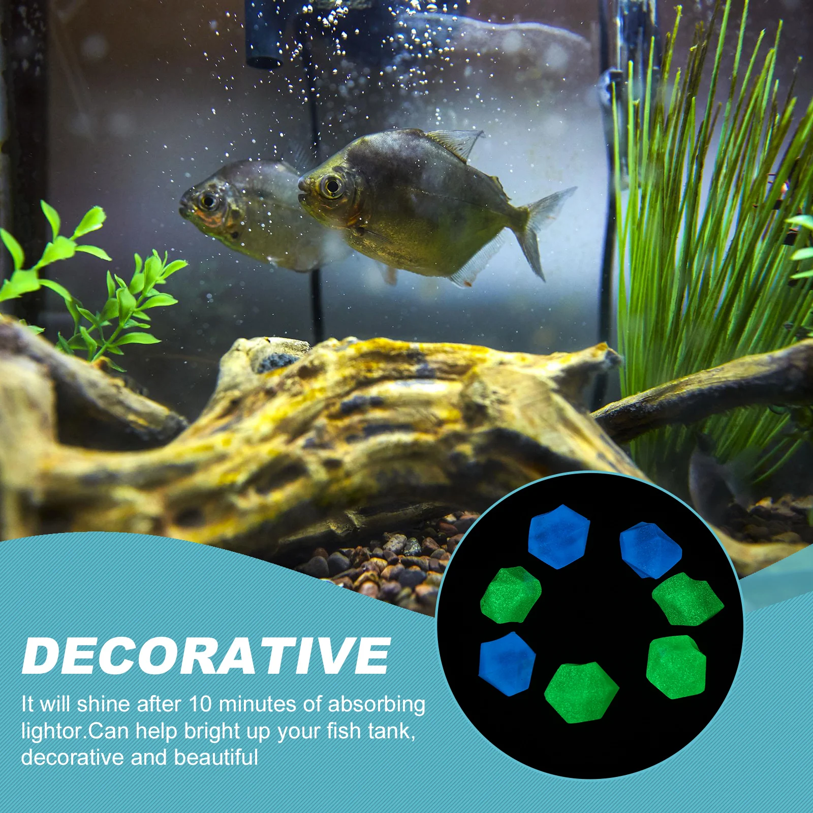 

300pcs Glowing Blue Green Resin Aquarium Pebble Fish Tank Landscaping Stone Decor Ornament Non-Toxic Long-Lasting Vivid Color