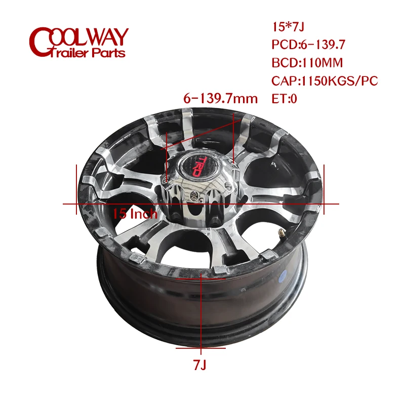 15 Inch X 7J Alium Trailer Rim 6 - 139.7 Car Bolt Pattern Capacity 1150KG ET0 Caravan Boat RV Parts Accessories