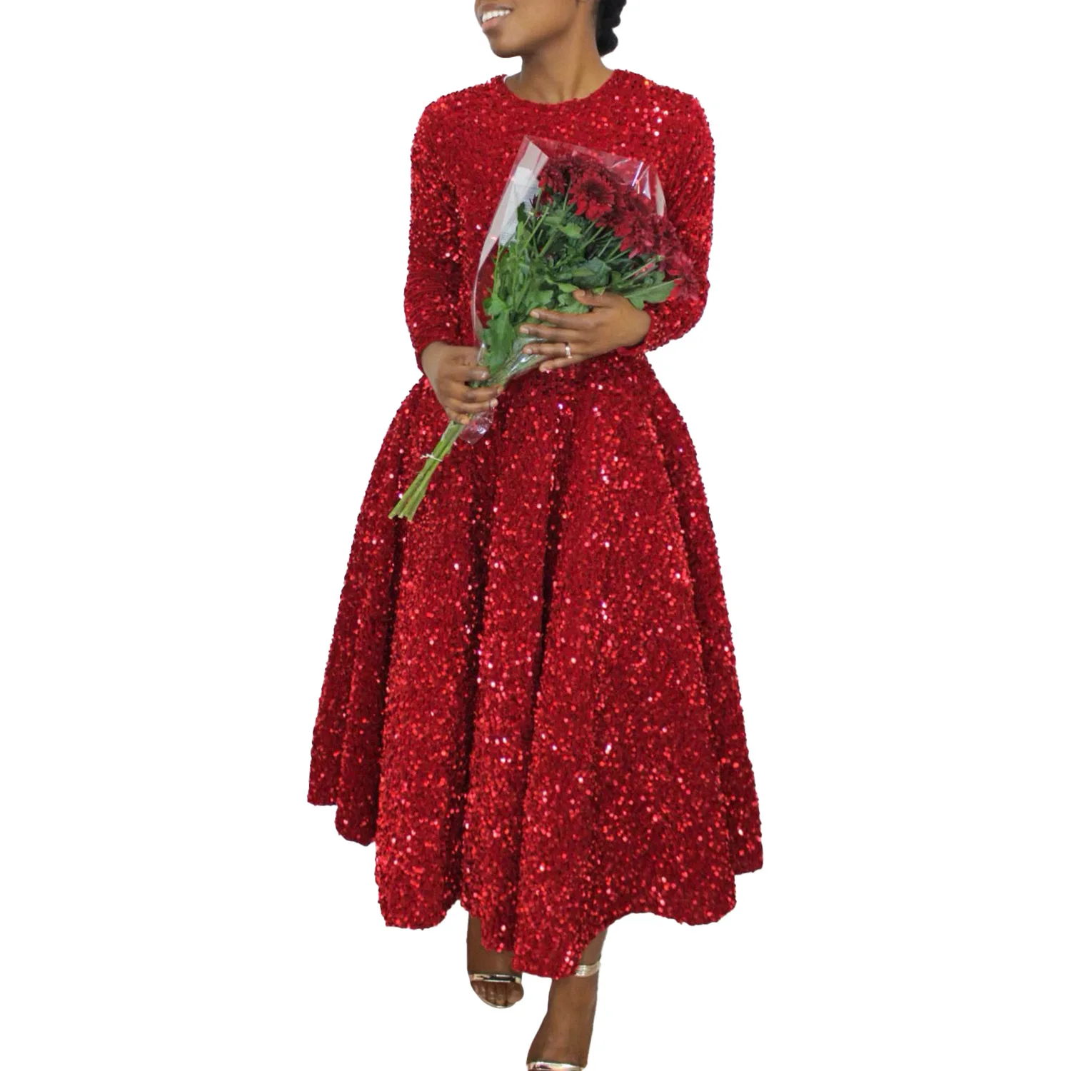 فستان سهرة نسائي لامع مزين بالترتر أنيق بلون سادة عالي الخصر فساتين حفلات الولائم على الطراز الاجتماعي للحفلات الراقصة