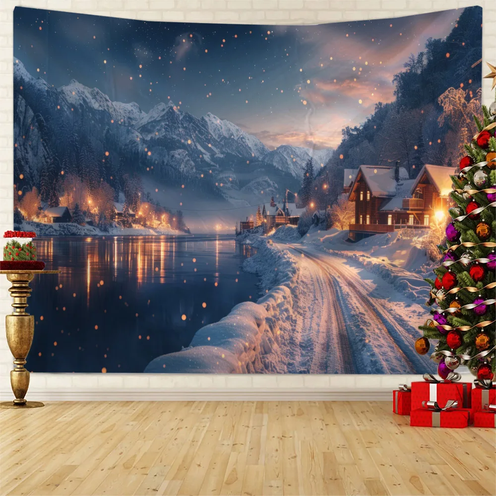 

Snow Landscape Tapestry Christmas Starry Sky Wooden House Wall Hanging Christmas Dreamy Home Decoration Background Poster