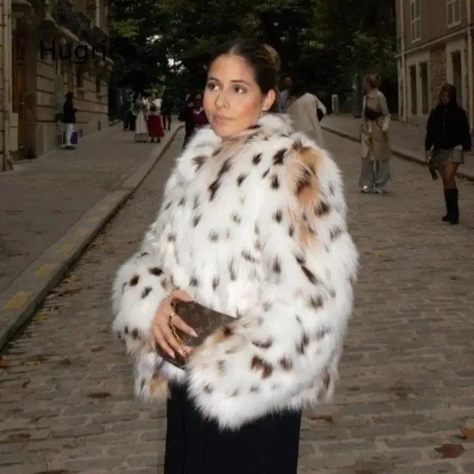 Women Faux Fur Jacket Spotted Pattern Stand Collar Short Outerwear Soft Plush Texture Stylish Coat For Autumn Winter Street Loo