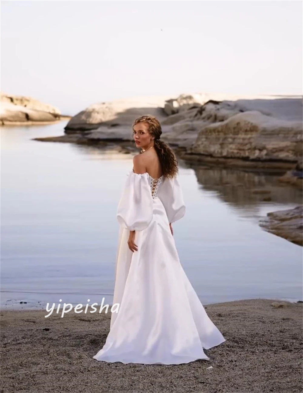 Robe de soirée trapèze en satin froncé, tenue de plage longue, épaules dénudées, sur mesure, Arabie Saoudite