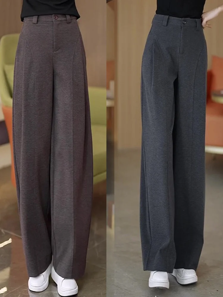 Damskie spodnie wełniane z wysokim stanem, proste nogawki, zwiewne, szerokie nogawki typu banana, spodnie garniturowe, spodnie typu knife, do pracy, eleganckie.