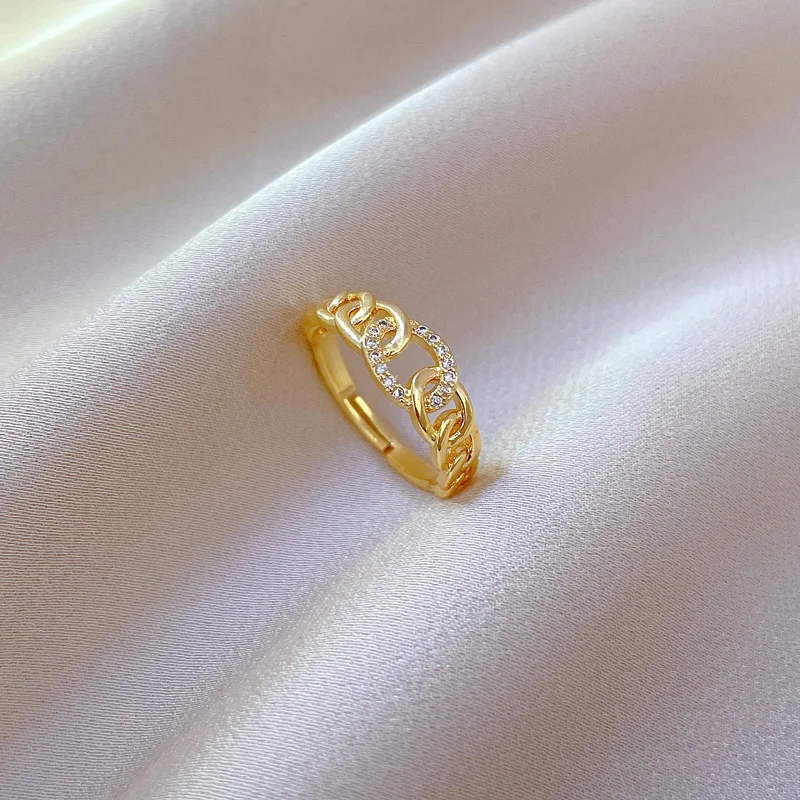 2024 Stainless Steel Luxury Zircon Chain Link Rings For Women\'s Adjustable Jewelry Finger Gold Plated No-Fading Birthday Gift