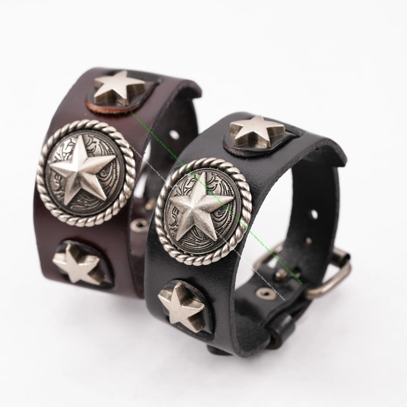 Star Button Style Metal Studded Genuine Punk Quality Wide Cowhide Leather Bracelet Cuff Wristband Bangle Brown
