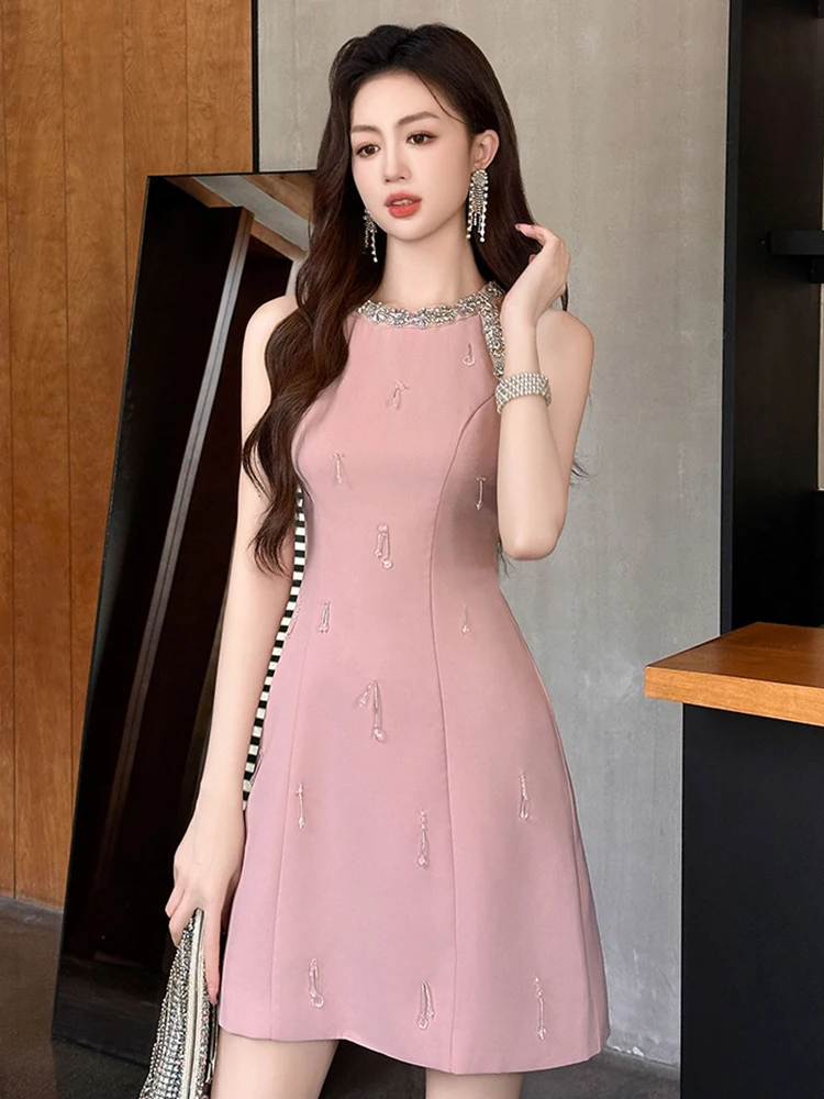 Neue Sommer y2k Dame rosa süßes Abendkleid Frauen kleider schick elegant Luxus sexy ärmellose schlanke kurze Party Geburtstag Vestido