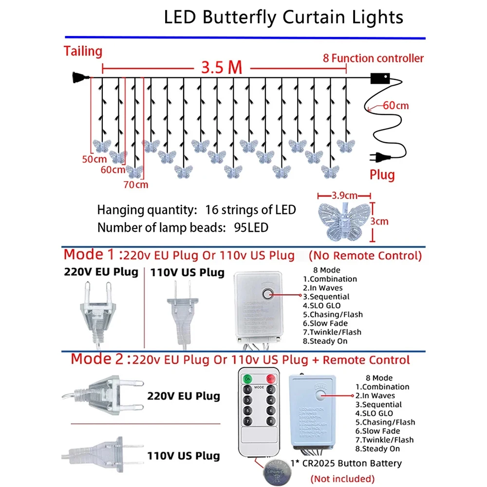 3.5M Pink Fairy Lights led Butterfly Garland Curtain String Light For Living room Christmas Room Home Bedroom Wedding Decoration