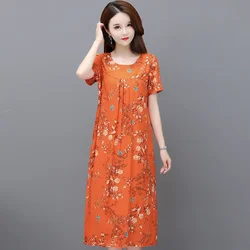 Chic and Elegant Woman Floral Dress Summer Short Sleeve Middle Age Women's Loose Dresses Korean Style Vintage Clothes