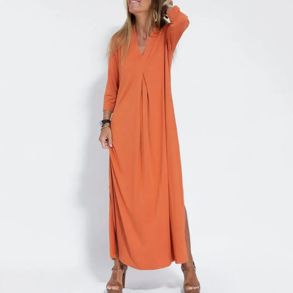 Loose Dress Women Solid Color Dress Soft Knitted Maxi Dress V Neck Loose Fit Side Split Hem Pleated Sleeves Elegant Ankle Length