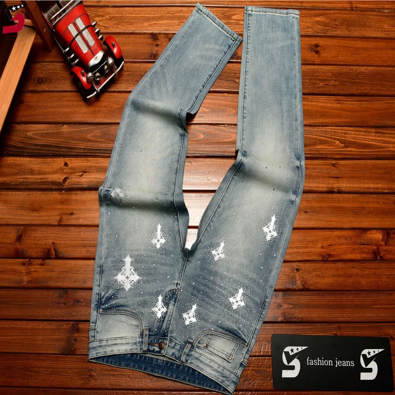 

Men's Fashion Printed Jeans 2026 Spring, Slim Straight Stretch Denim Pants with Rhinestone Decor, Korean Style Casual Trousers
