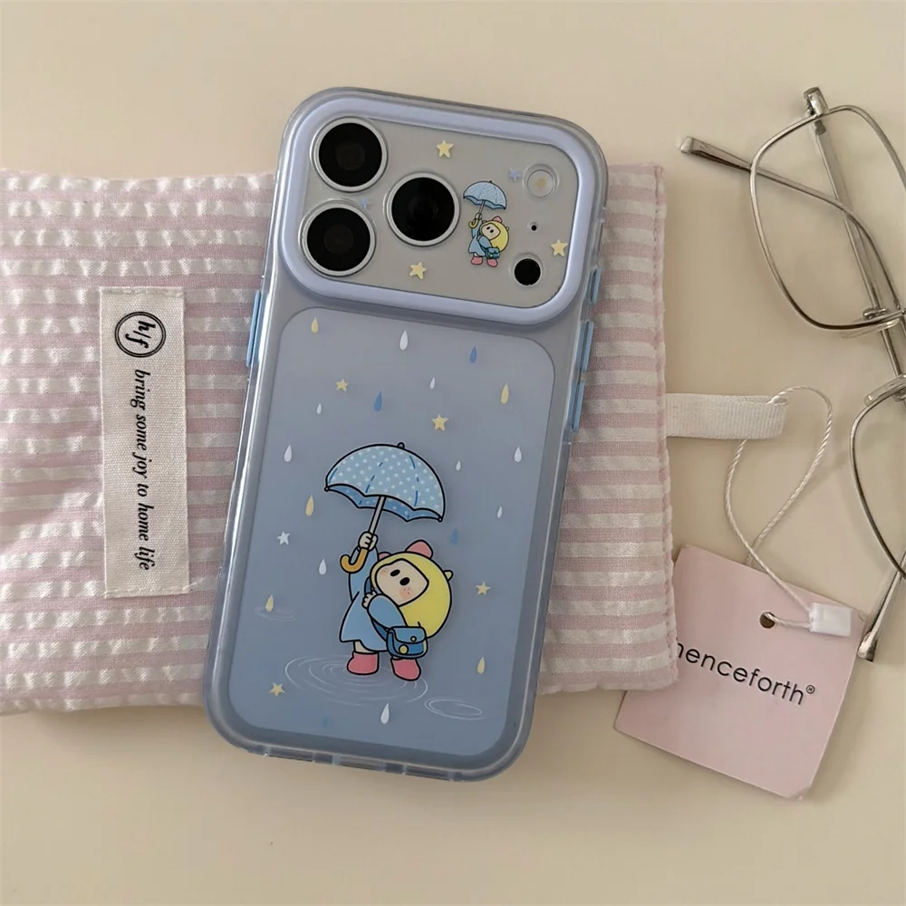 Kawaii Gradient Blue Rainy Girl With Umbrella Cartoon Phone Case Soft Cover for iPhone 18 17 16 15 Pro Max Fundas Korea Cartoon
