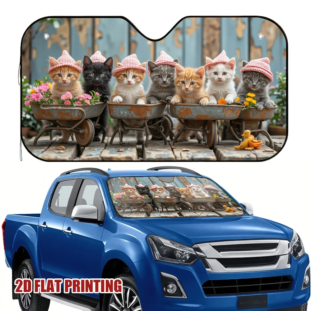 1pc 2D Flat Pring Easy Care Windshield Sunshade For Car Hatted Cats And Floral 100% Polyester Summer Perfect For Keep The Vehicl