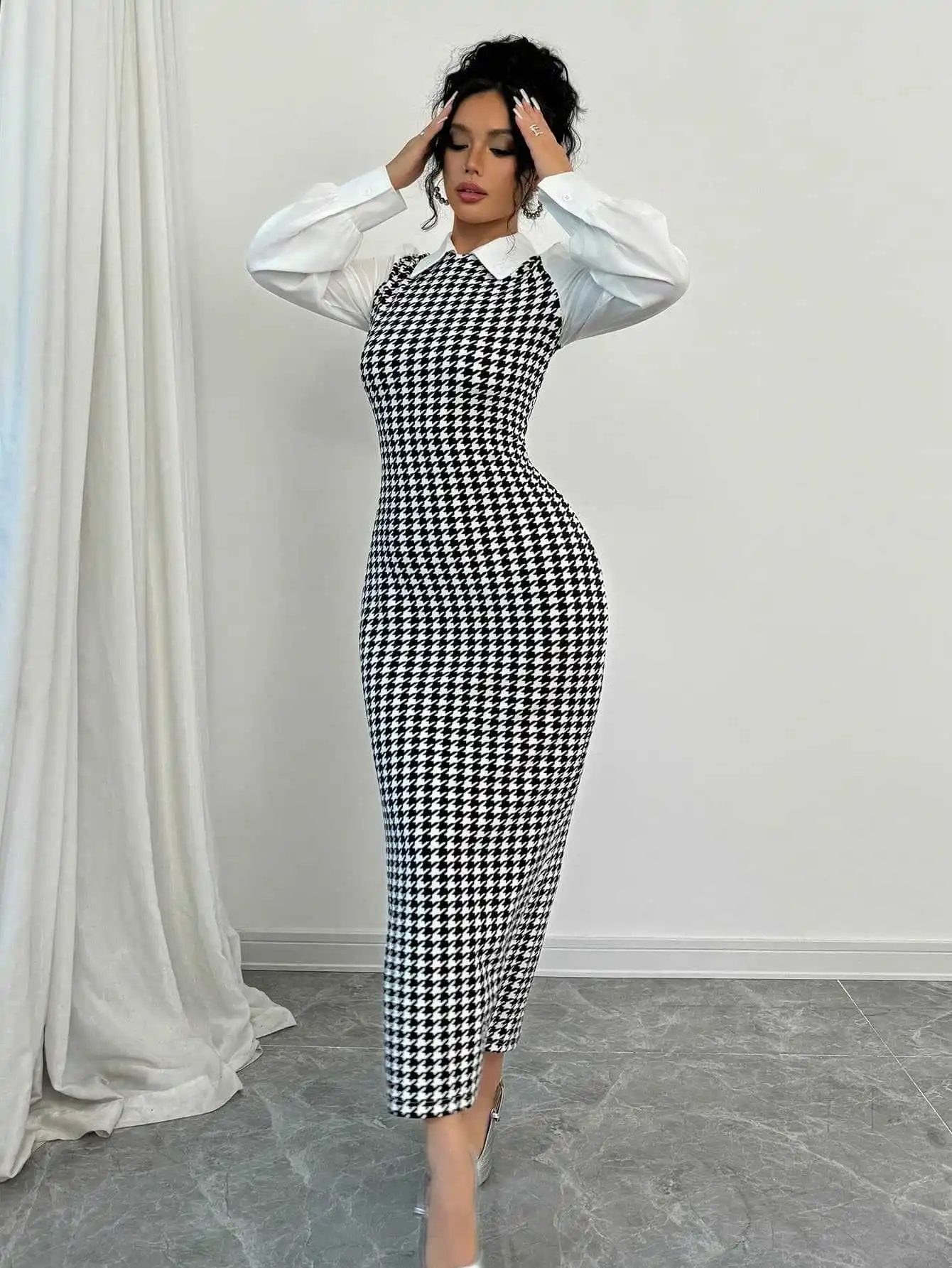 Women's Houndstooth Bodycon Midi Dress Elegant Puff Sleeve Slim Fit Dress for Office/Party - Image 2
