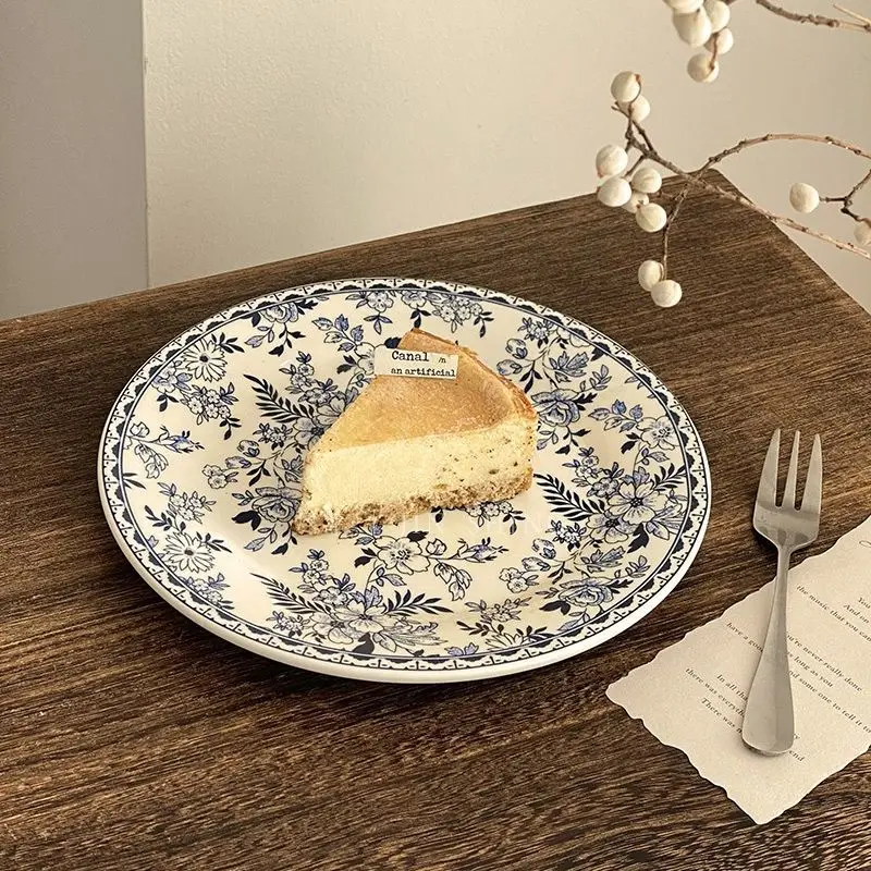 

Plate Retro Chinese Blue and White Ceramic Home Senior Sense Dessert Dessert Cake Plate High Appearance Level