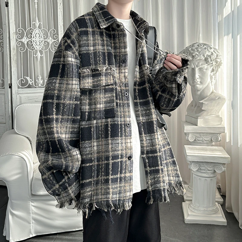 

Retro American Checkered Long Sleeve Shirt Men's Loose Tassel Trim Outerwear Casual Street Style Polyester Fiber Autumn Shirt