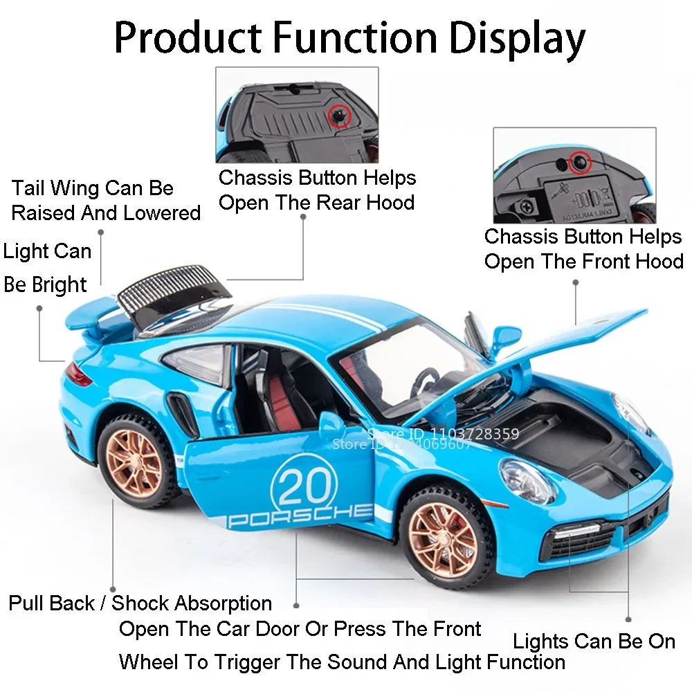 1:32 Scale 911 Turbo S Sports Car Model Toys Alloy Diecast Miniature Supercars Sound Light Doors Opened Pull Back for Kids Gifts