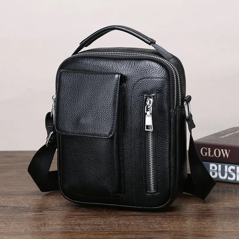 2026 new Premium Men's Genuine Leather Shoulder Bag Black Crossbody Messenger double zipper Pockets Business Handbag Male tote
