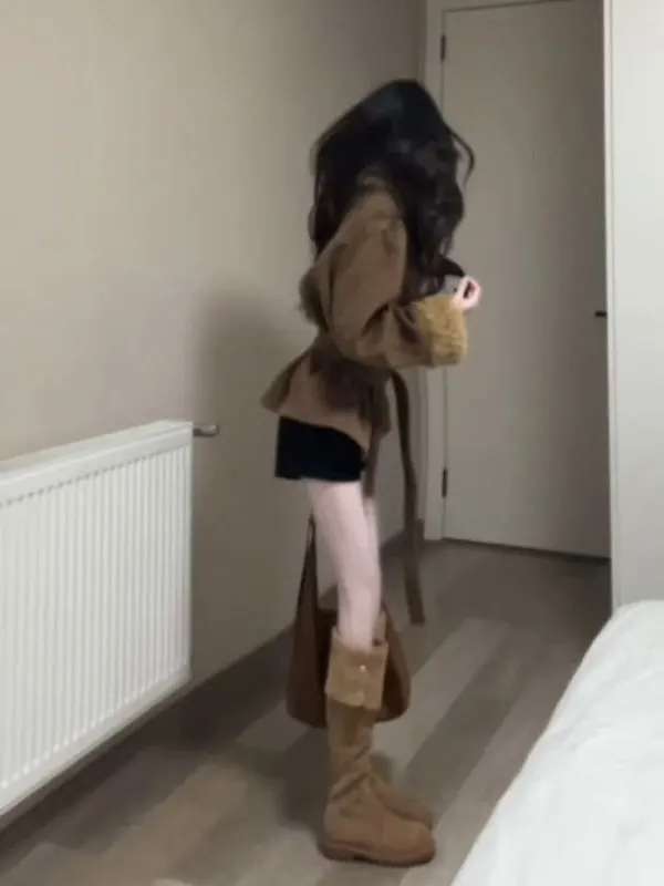 

Retro Gentle Sle High Waist Belted Woolen Coat Korean Version Slim Fit Long Sve Soft Comfortable Soft Color Blo Coat