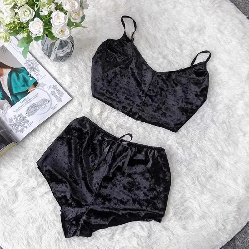 Sexy Velvet Pajamas V-Neck Lingerie Two Sets Women Suspenders Short Pants Loungewear