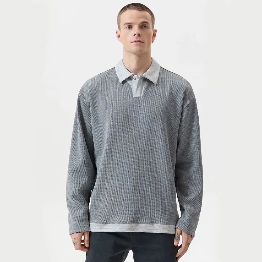 

Autumn Waffle Plaid Long Sleeve T-shirt for Men Streetwar Fashion Loose Casual Vintage Knitted Polo Shirt Tops Cityboy Tshirt