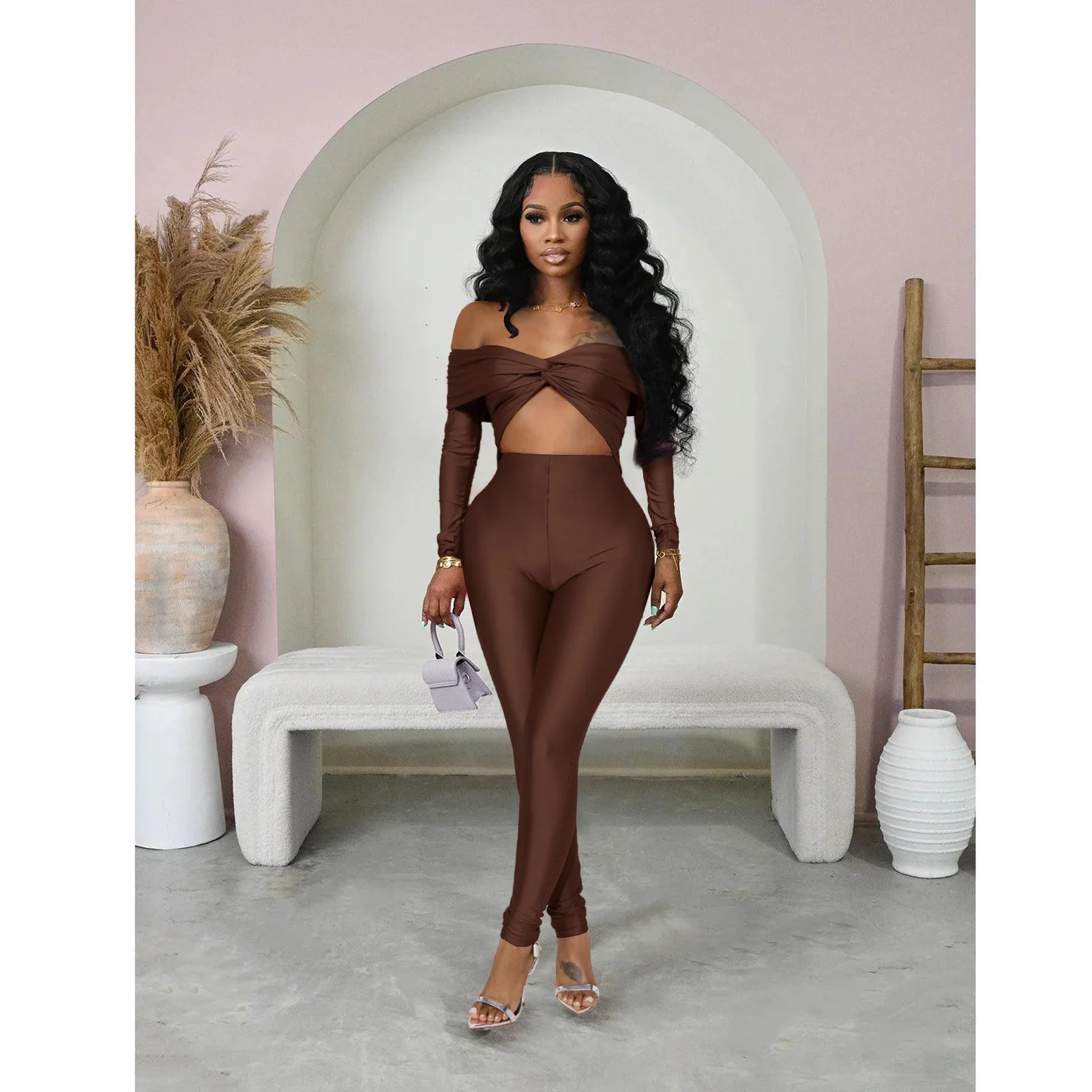 Off Shoulder Jumpsuit seksi 2024 wanita pakaian musim gugur bodysuit elegan mewah Bodycon satu potong Romper Hollow Out Jumpsuit